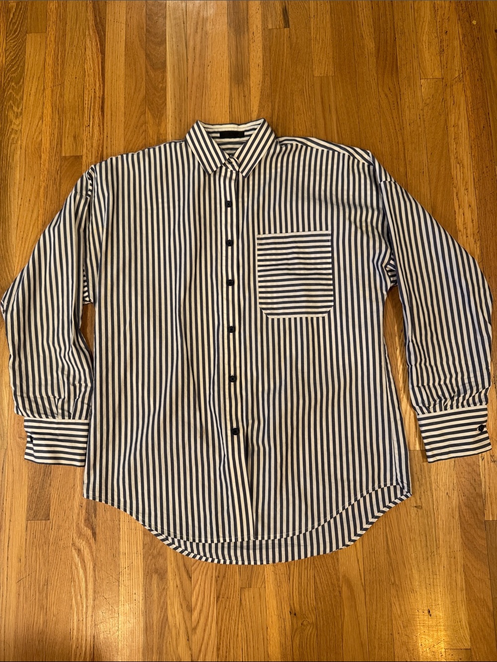 ATM Anthony Thomas Melillo Navy and White Vertical Stripe Button-Up Blouse